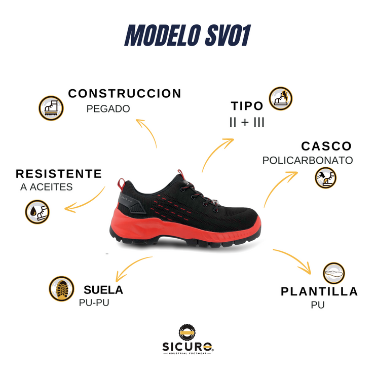 Tenis Sicuro Industrial Con Casquillo SV01 Color Negro Rojo