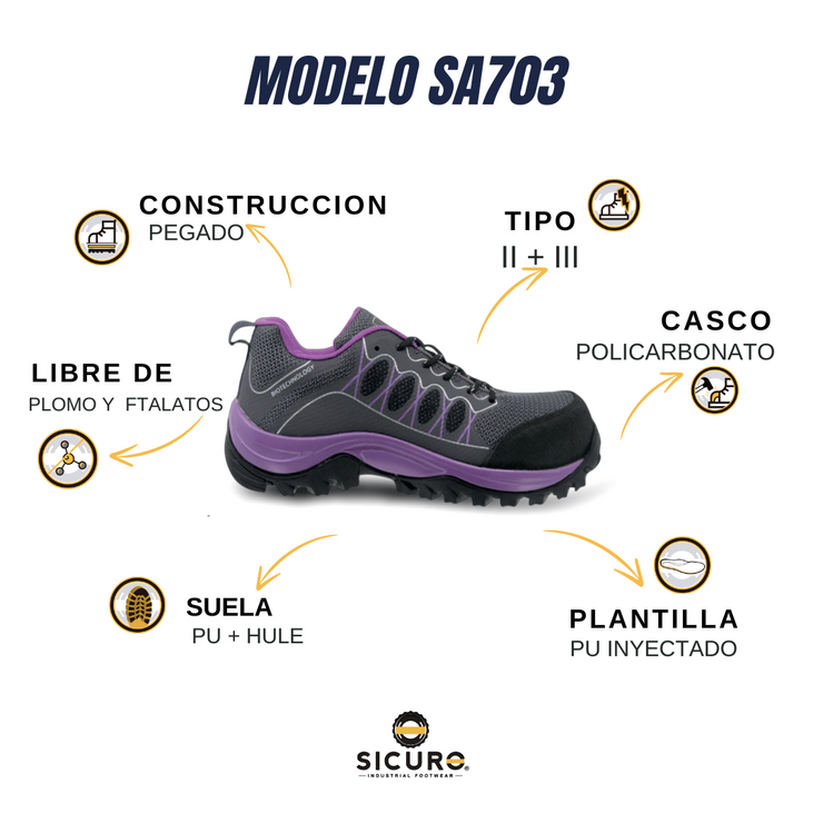 Tenis Sicuro Industrial SA703 Con Casquillo Para Dama Color Gris Morado