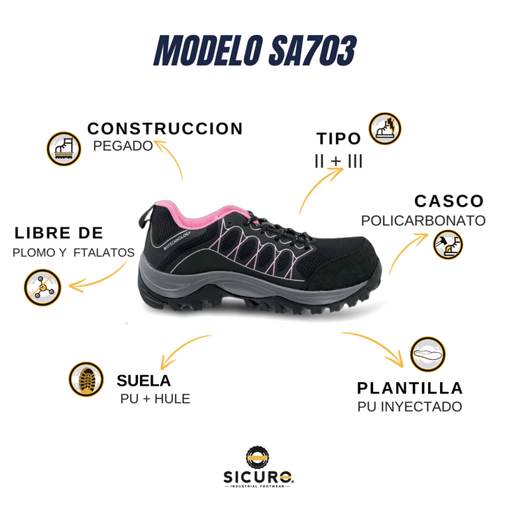 Tenis Sicuro Industrial Con Casquillo Para Dama SA703 Color Negro Rosa