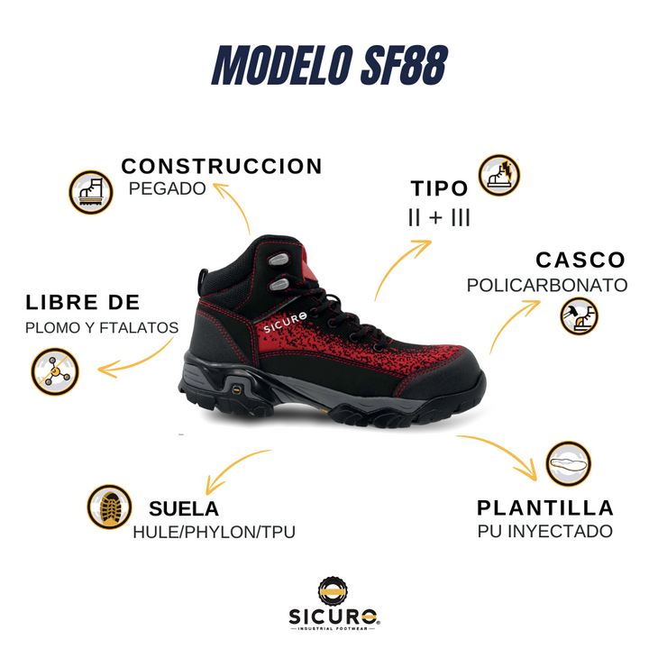 Bota De Seguridad Sicuro Forte SF88 Negro Rojo Caballero