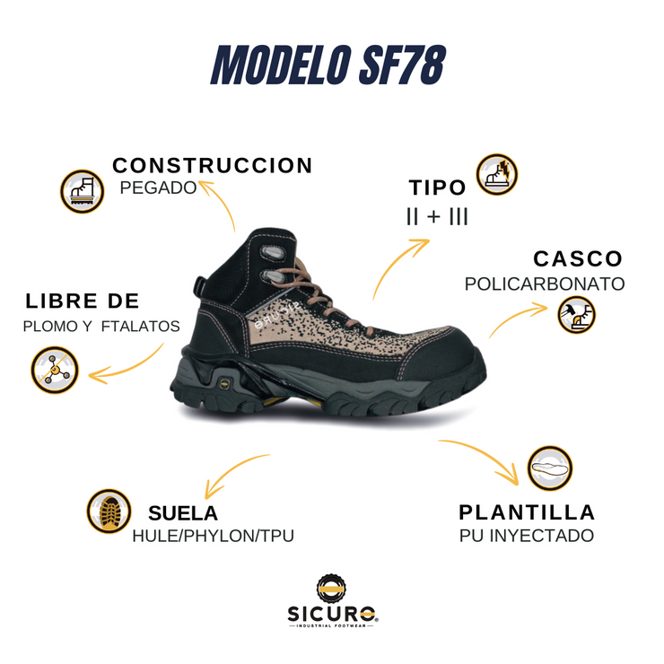 Bota De Seguridad Sicuro Negro Canela Forte SF78 Dama